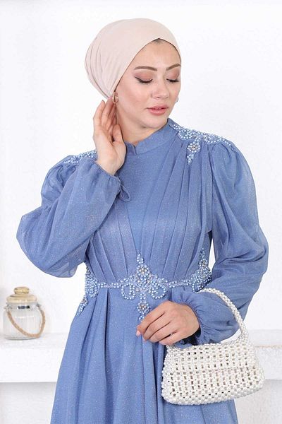 Modamihram Pearl Lace Glitter Evening Dress Blue 12252