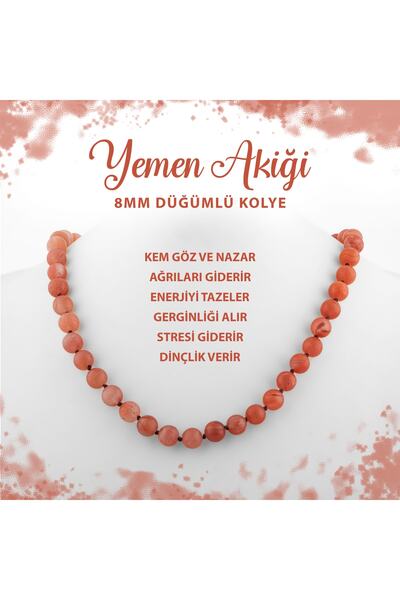 Deniz Doğal Taş Sertifikalı Yemen Akiği 8 Mm Düğümlü Doğal Taş Kolye