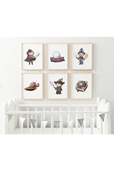 woodhomeworks Ahşap Çerçeveli Bebek, Çocuk Odası 6 Lı Tablo