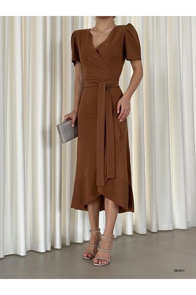 alyafashion Γυναικείο φόρεμα με ζώνη από ύφασμα κρεπ πλακιδίων