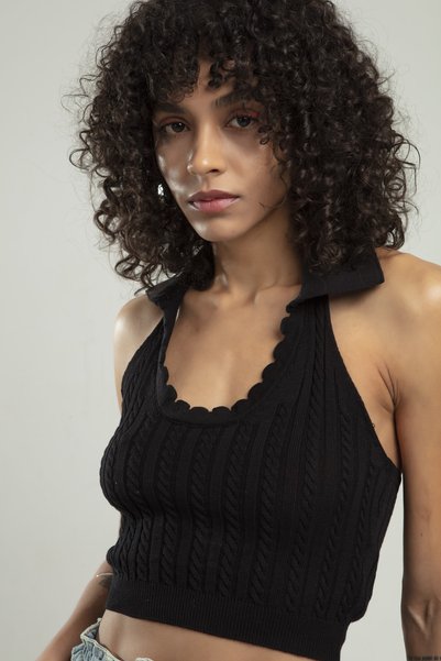 sifu tekstil Polo Neck Black Colored Women's Hair Braided Round Opening Sports Knitwear Blouse Athlete Crop Top
