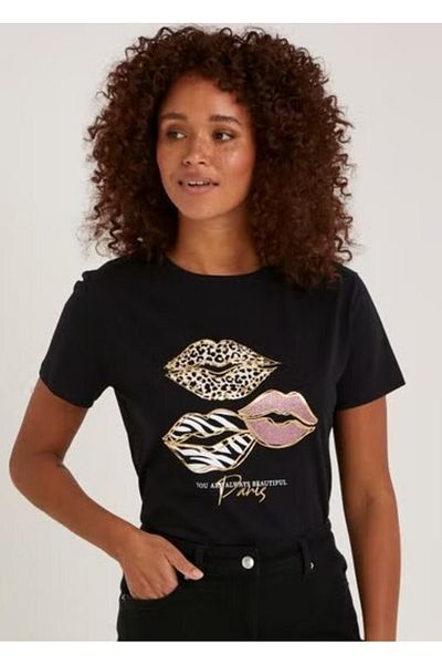 Kübra Tekstil Tricou pentru femei, 100% bumbac, cu imprimeu zebră și leopard, cu gâtul rotund Kt01921