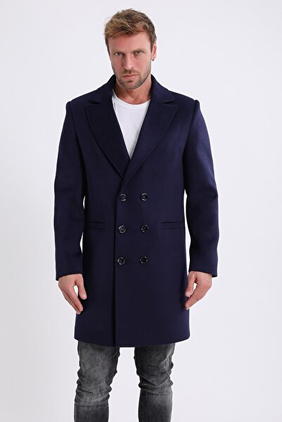 Leather Club Lacivert Kruvaze Kaşmir Kaban