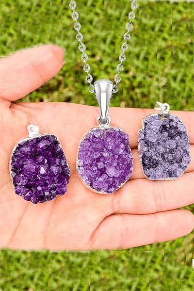 Tesbih Atölyesi Natural High Quality Natural Druze Amethyst Stone Necklace