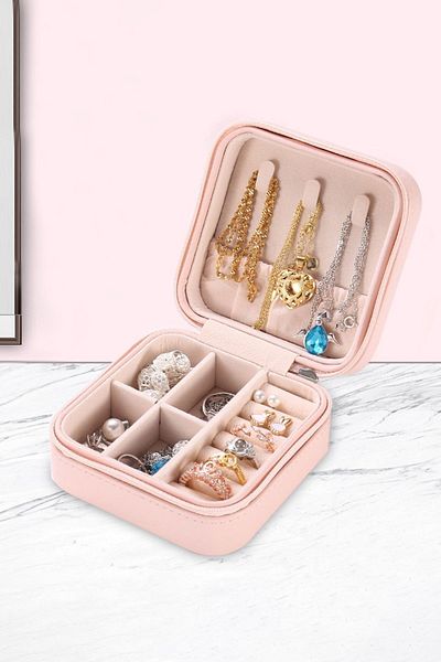 Chavin Pink Leather Travel Ring Earrings Necklace Jewelry Box St1-64pm
