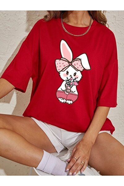 blausee wear Rabbit cu imprimeu Femei supradimensionat Red Salas tricou Boyfr...