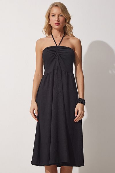Happiness İstanbul Women's Black Halter Neck Summer Knitted Dress CE00073