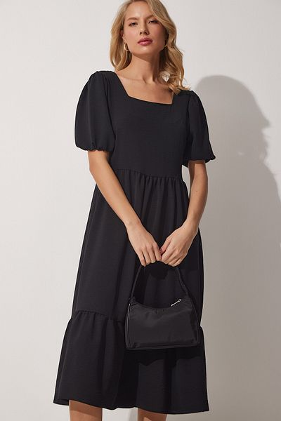 Happiness İstanbul Women's Black Square Collar Summer Ayrobin Dress ZH00023
