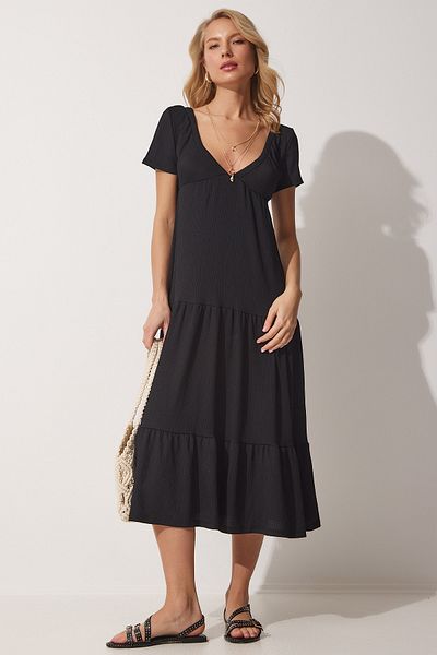 Happiness İstanbul Rochie de vară din viscoză, neagră, cu decolteu în V, UB00076