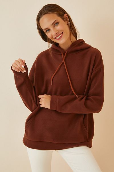 Happiness İstanbul Women's Light Brown Hooded Winter Fleece Sweatshirt ZV00047