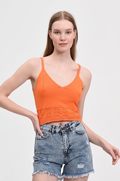 Fanori Woman Fitted/vücuda Oturan Crop Ip Askılı Oranj Renk Triko Atlet