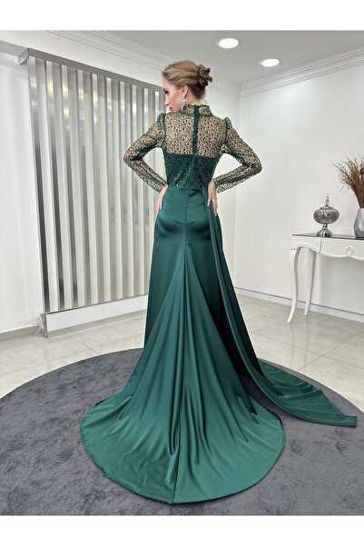 Rana Zenn Bead Detailed Night Satin Evening Dress with Transparent Skirt Train and Slit Emerald