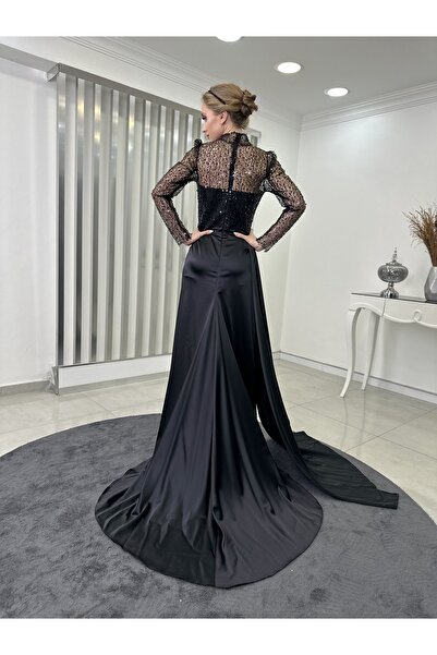 Rana Zenn Bead Detailed Night Satin Evening Dress with Transparent Skirt Train and Slit Black