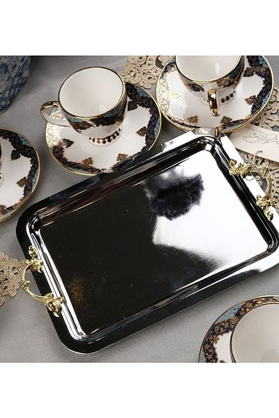 SeraSelin Quality Gold Handled Chrome Tray 16X23 Cm, Presentation Tray, Promise Engagement Tray with Coupon