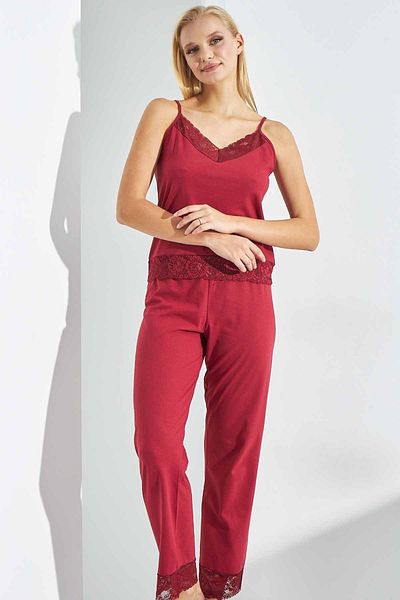 Siyah İnci Set de pijamale din dantelă cu curele din frânghie din bumbac bordeaux