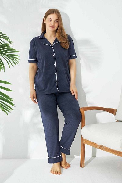 Siyah İnci Indigo Cotton Buttoned Pajama Set