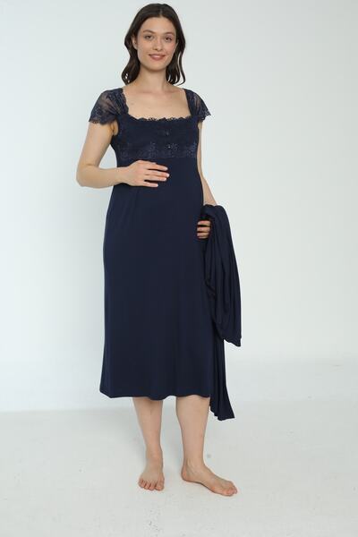 Miss Dünya Lissa Lacivert Hamile Ve Lohusa Sabahlık Gecelik Takımı