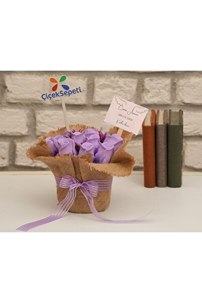 StoneGiftDesign Canım Annem Buket Saksıda Lila Güller Kokulu Taş Çiçek Aranjman
