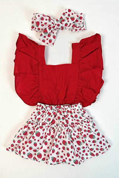 ADABEBEK Girl's Frilly Strawberry Patterned Bandana Salopette Set