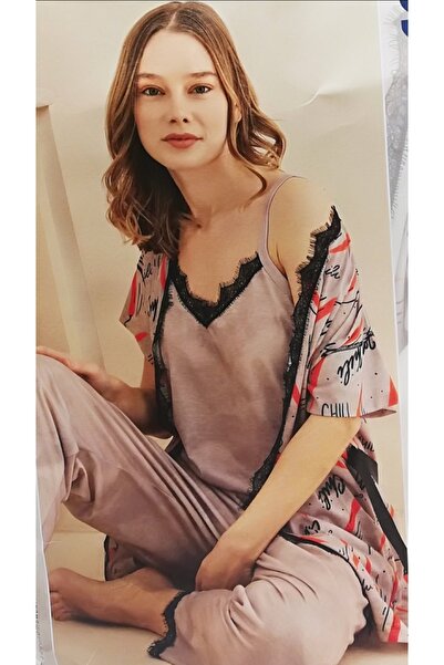 Sude Women's Powder Red 3-Piece Dressing Gown Pajama Set