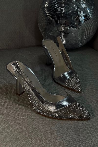 POLKA STORE Marilyn pentru damă, transparentă, strălucitoare, cu detaliu de piatră, cu vârf ascuțit, argintiu, rochie de seară elegantă, pantofi cu toc