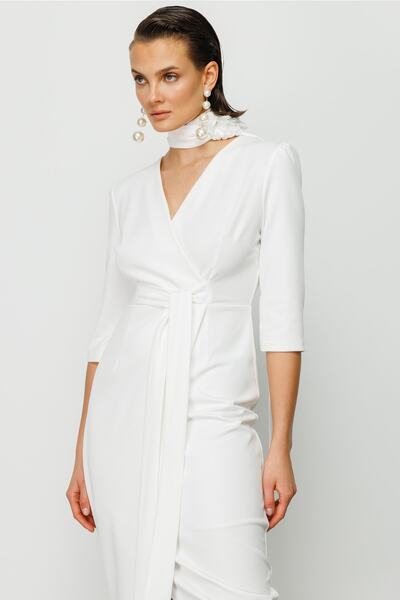 AYHAN Kadın Beyaz Kruvaze Bağlamalı Elbise