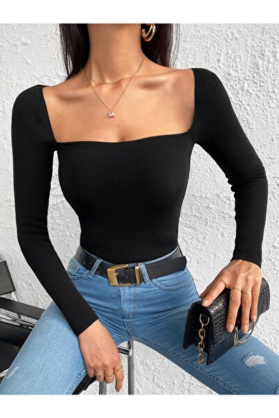 AQE FASHION Bluză neagră cu mânecă lungă cu decolteu U