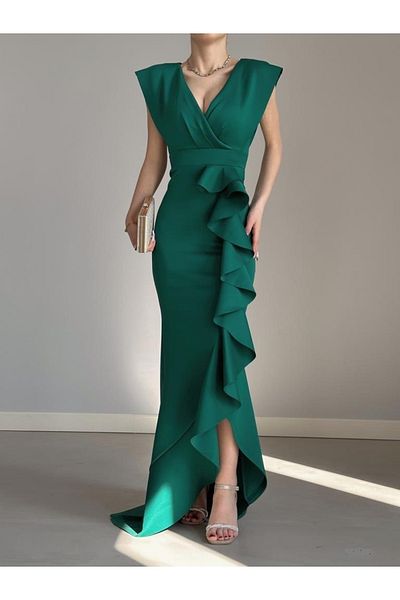 Secret Passion Lingerie New Season Flexible Green Scuba Fabric Flounce Detail Slit Μακρύ Φόρεμα 729 582443