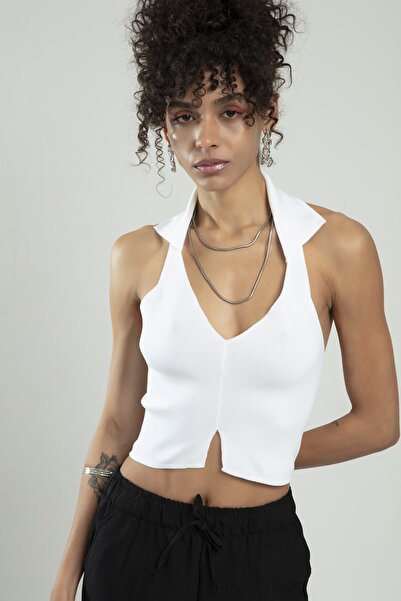 sifu tekstil Beyaz Renkli Kadın Spor V Açmalı Triko Polo Yaka Crop Top Büstiyer