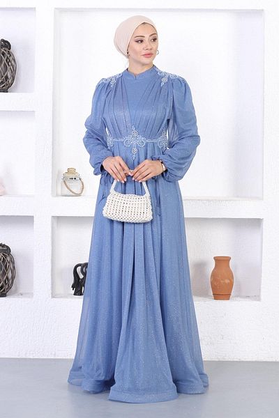 Modamihram Pearl Lace Glitter Evening Dress Blue 12252