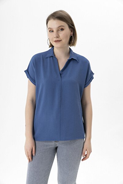 EtkiModa Γυναικεία μπλούζα Indigo Blue με γιακά και διπλό μανίκι Aerobin