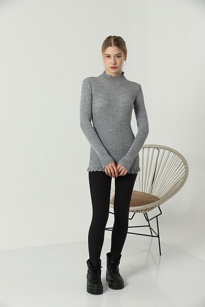 VEGENZE Women's Gray Sleeve and Collar Lace Ruffle Detail Half Turtleneck Knitwear Sweater