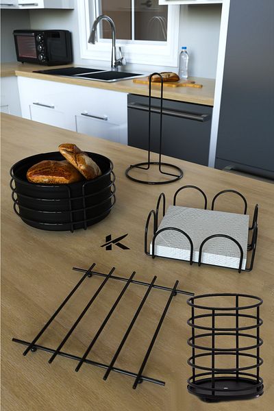 KARTEYA Round Bread Rack Bread Basket Trivet Vertical Towel Holder Napkin Holder Cutlery Gold Stainless Set Set of 5