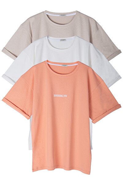 LEONE KOLEKSİYON Brooklyn Štampano Unisex bež-ekru-salon boja Oversize kroj 3...
