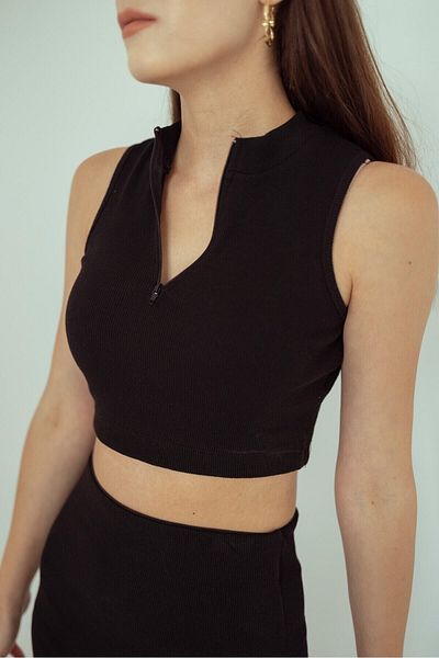 soBasic Set dublu cu guler negru, cu fermoar, fustă crop cu fante