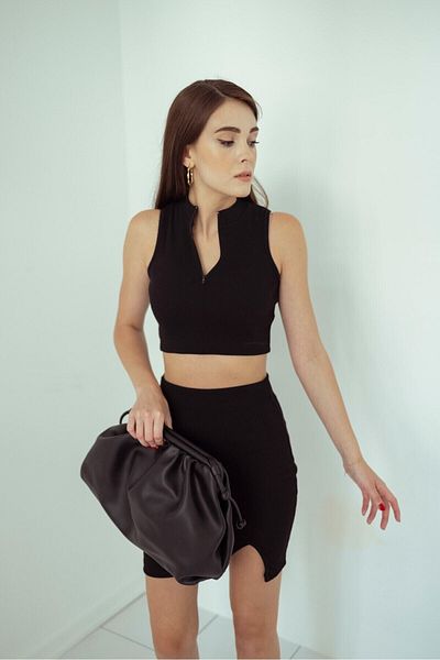 soBasic Set dublu cu guler negru, cu fermoar, fustă crop cu fante
