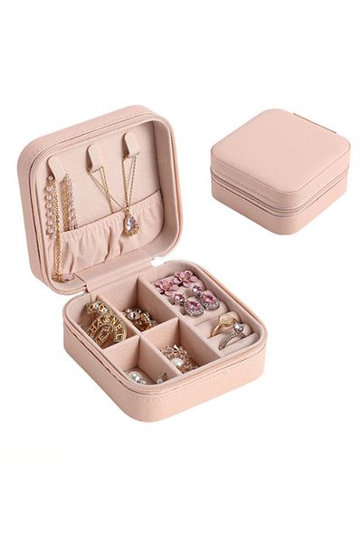Chavin Pink Leather Travel Ring Earrings Necklace Jewelry Box St1-64pm
