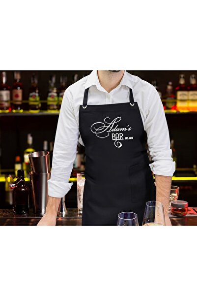 Bk Gift Kişiye Özel Isimli Tarihli Bar Tasarımlı Profesyonel Siyah Mutfak Önlüğü, Aşçı Önlüğü, Şef Ö