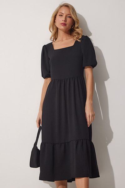Happiness İstanbul Women's Black Square Collar Summer Ayrobin Dress ZH00023
