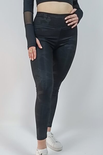 Ayya Women Kadın Siyah Yüksek Bel Toparlayıcı Kamuflaj Desenli Spor Tayt