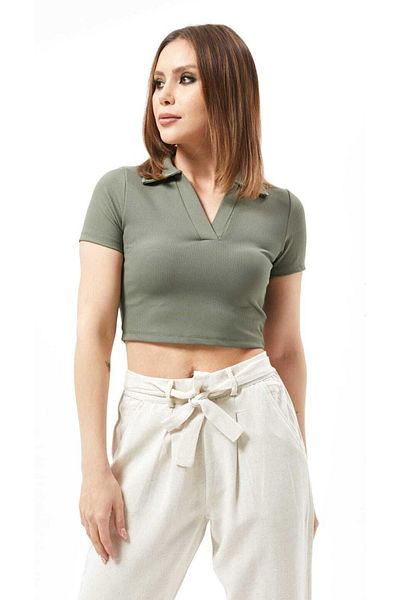 Freeista Khaki Polo Neck Crop Blouse