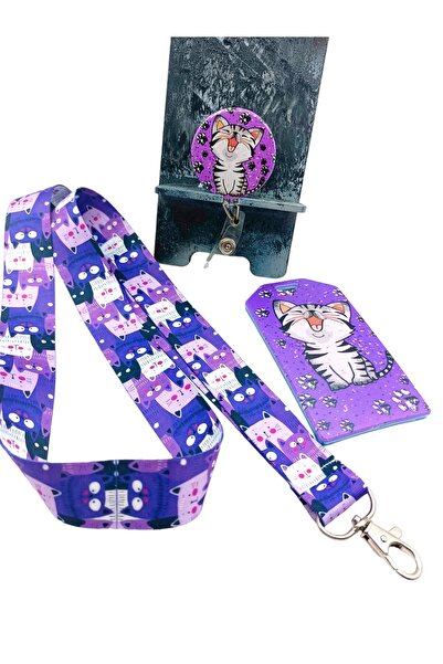 CİCCİBİCCİSHOP Mor Zeminli Kediler Boyun Askı Ipi,kart Tutucu,yoyo Yaka Makarası