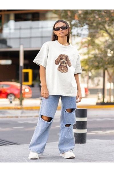 Serbella Poodle Printed White Unisex Oversize Tshirt