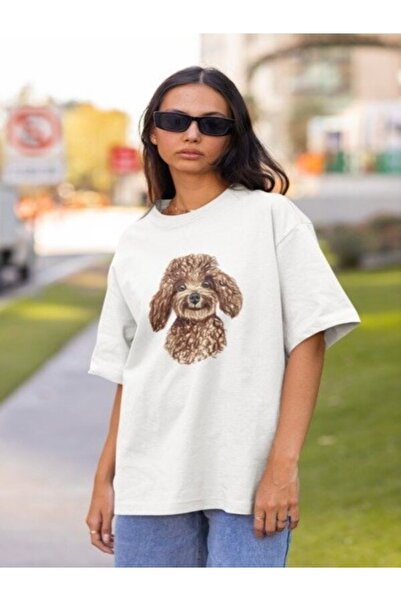 Serbella Poodle Printed White Unisex Oversize Tshirt