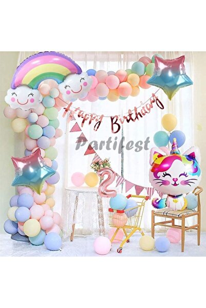 Parti Station Unicorn Kedi Kitty Rakam Konsept 2 Yaş Balon Doğum Günü Set Yaş...