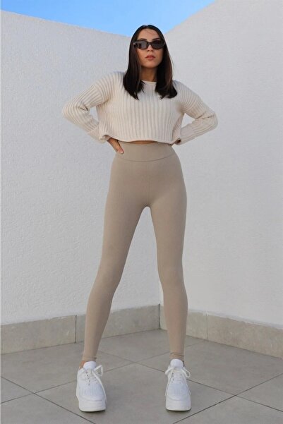 Livik Ženske bež ekstra Visok struk Oblikuje figuru Rebrasto tajice