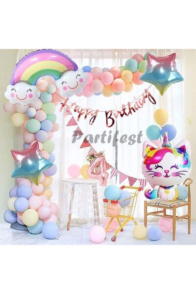 Parti Station Unicorn Kedi Kitty Rakam Konsept 4 Yaş Balon Doğum Günü Set Yaş...