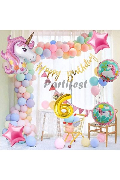 Parti Station Unicorn Konsept 6 Yaş Balon Doğum Günü Set Tek Boynuzlu At Unic...