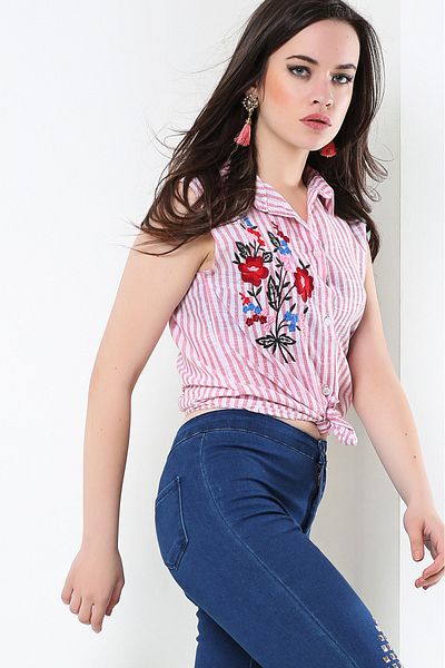 AVORWE Cămașă fără mâneci cu dungi groase cu broderie florală