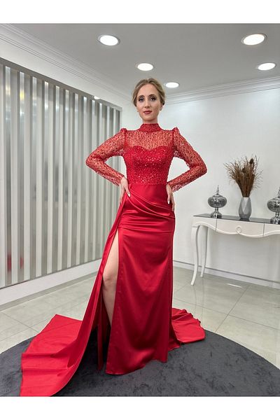 Rana Zenn Вечірні атласні сукні з бісером з деталями верхньої частини Прозора спідниця з хвостом і розрізами червона